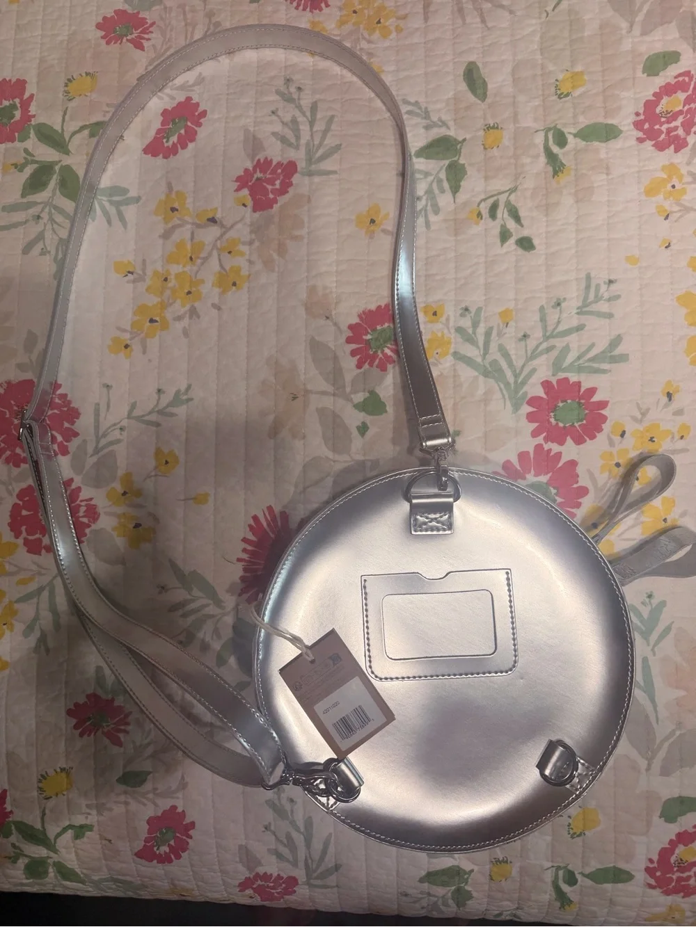 Metallic Silver Round Backpack/Crossbody Bag with Logo